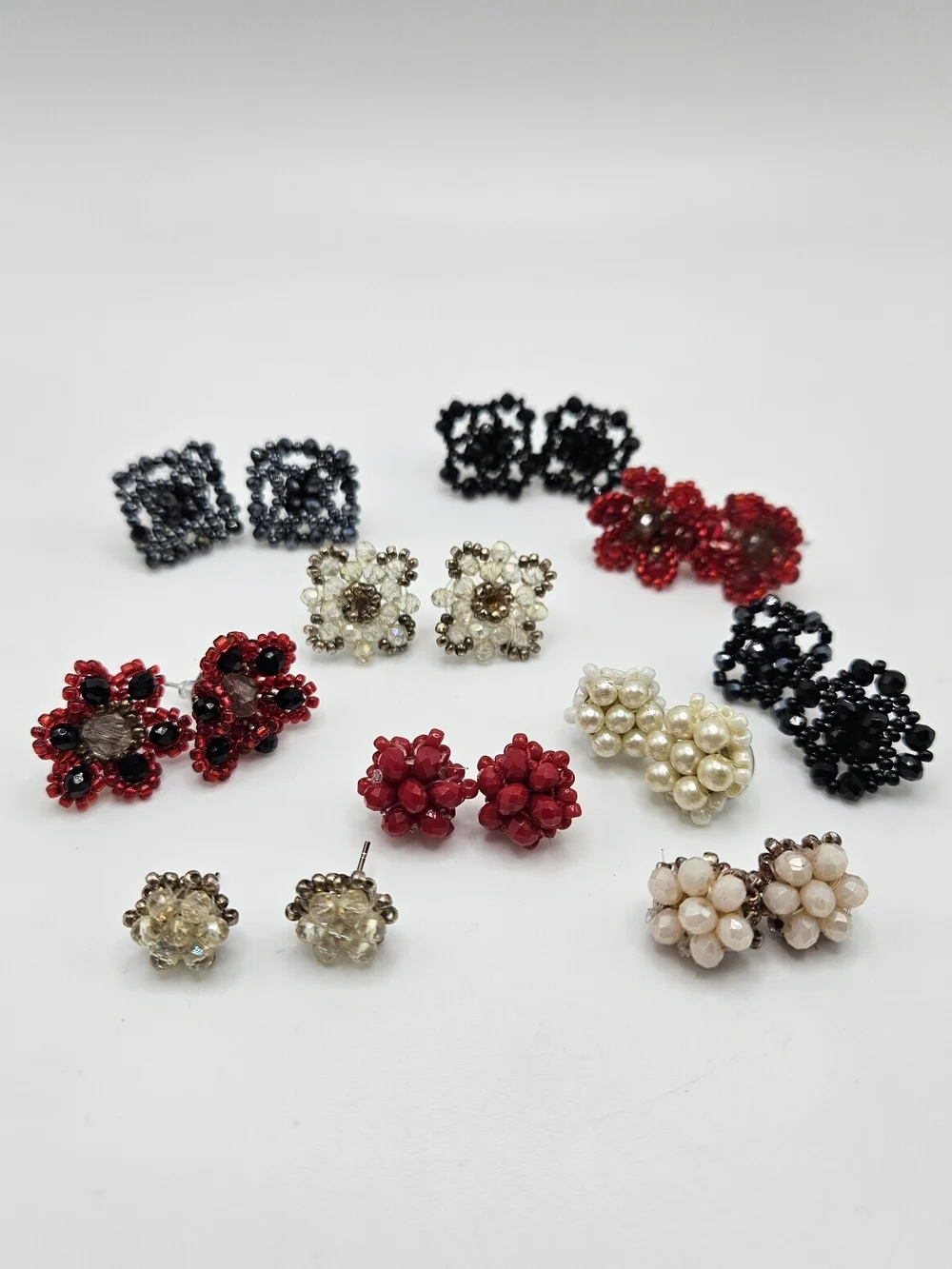 VINTAGE Handmade Glass Beaded Cluster Earring Lot 10 Pairs Pierced
